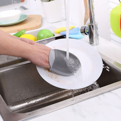 Brosse à laver les assiettes en éponge en silicone à double face pour le nettoyage de cuisine résistant aux taches