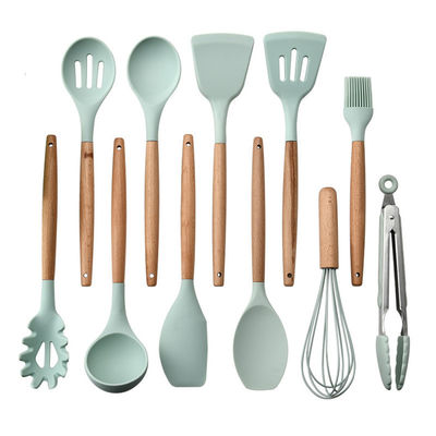 12 pièces d'ustensiles de cuisine en silicone avec poignées en bois