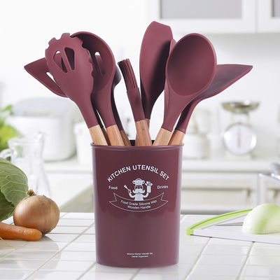 12 pièces d'ustensiles de cuisine en silicone avec poignées en bois