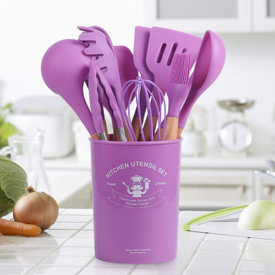 12 pièces d'ustensiles de cuisine en silicone avec poignées en bois
